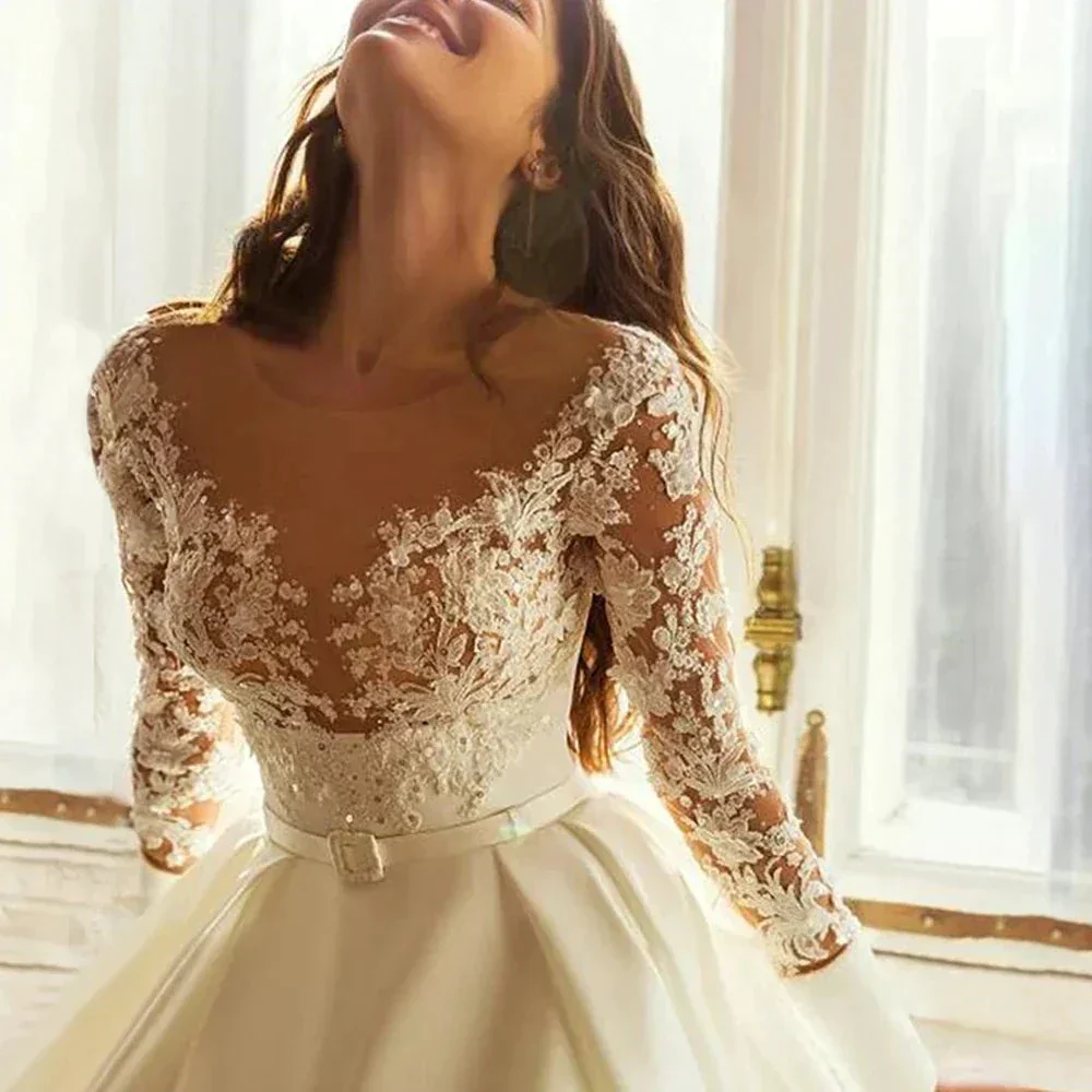 Elegant Wedding Dresses Long Sleeves For Women Princess A Line Bridal Gowns Custom Made Lace Appliques Satin Robe De Mariee - Image 4