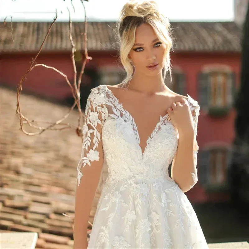 Elegant Wedding Dresses V-Neck Long Sleeves Lace Appliques Vestido De Noiva Backless Tulle Vestidos De Novia - Image 3