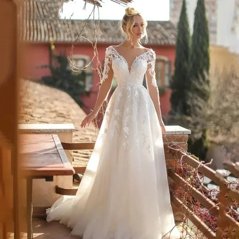 Elegant Wedding Dresses V-Neck Long Sleeves Lace Appliques Vestido De Noiva Backless Tulle Vestidos De Novia - Image 4