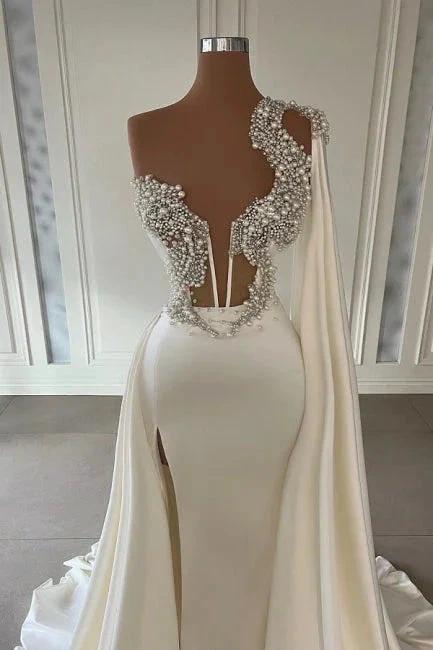 Elegant White A-line One Shoulder Evening Dresses Long Glitter Prom Dresses With Slit - Image 2