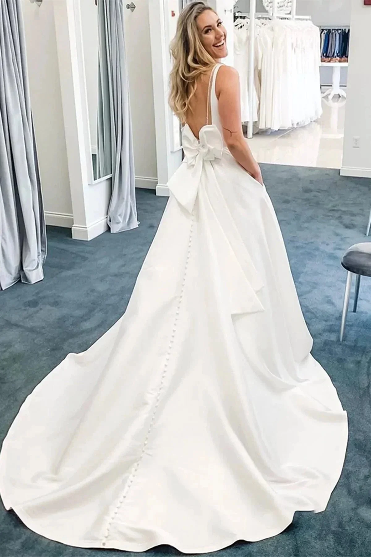 Elegant White A-line V Neck Open Back Satin Long Wedding Dresses with Pockets - Image 2
