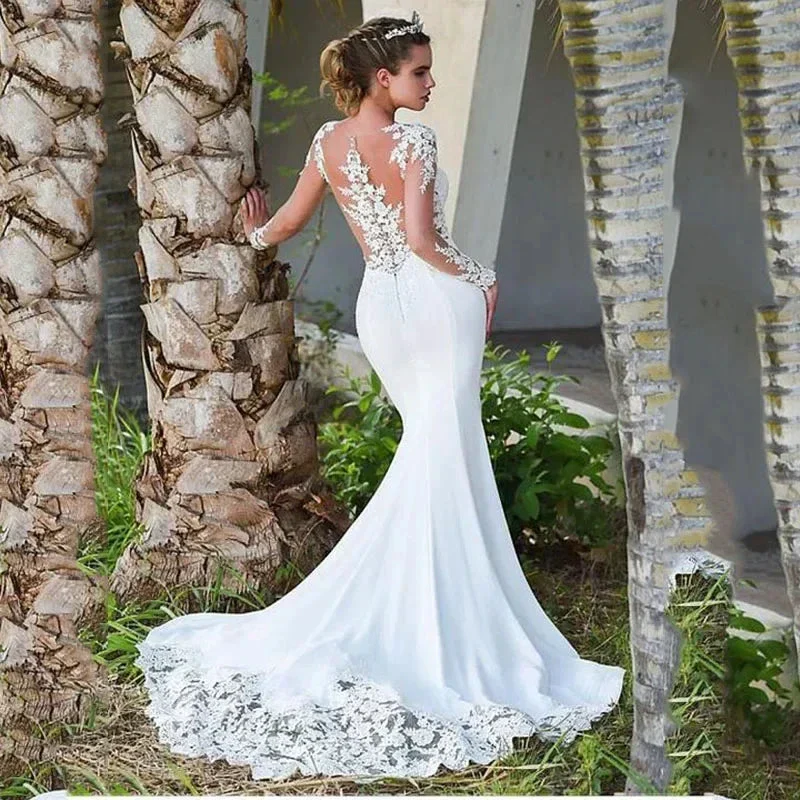 Elegant white bridal gown crew neck Long Sleeve Decal Crystal beaded floor-length long sleeve mermaid wedding dress with train - Image 2