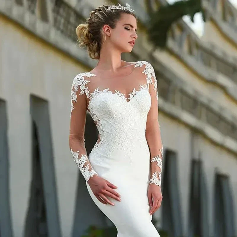 Elegant white bridal gown crew neck Long Sleeve Decal Crystal beaded floor-length long sleeve mermaid wedding dress with train - Image 3