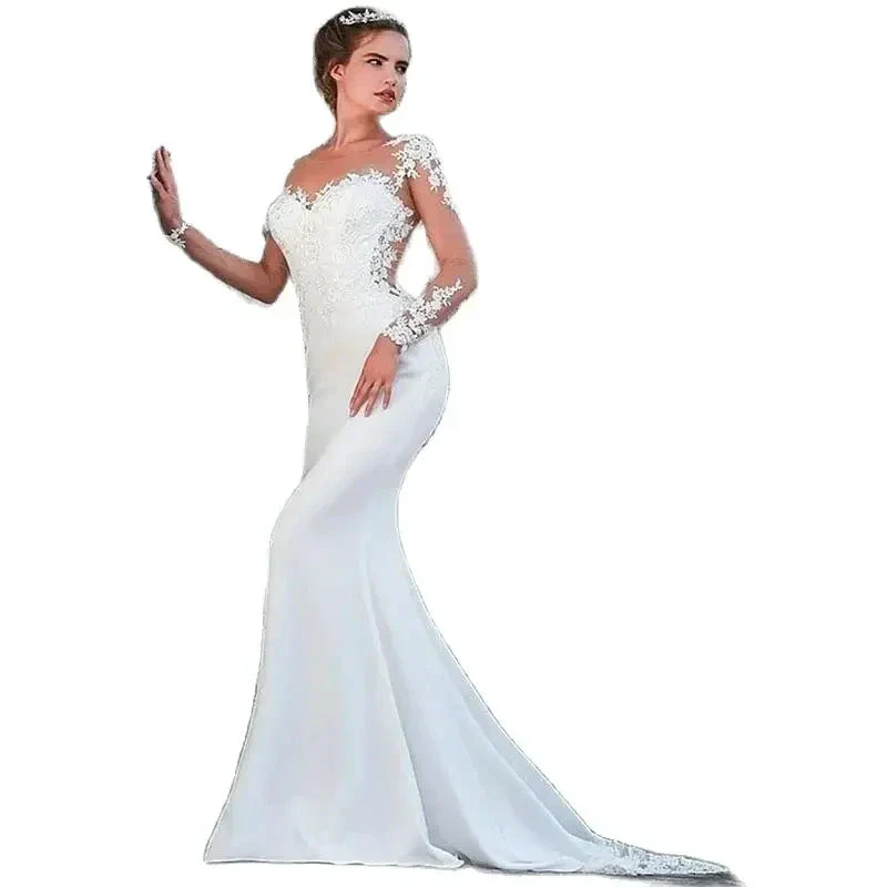 Elegant white bridal gown crew neck Long Sleeve Decal Crystal beaded floor-length long sleeve mermaid wedding dress with train - Image 4