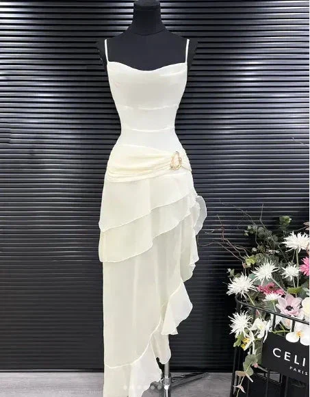 Elegant White Chiffon Mermaid Evening Dress Long Layered Prom Dress Y7716 - Image 8