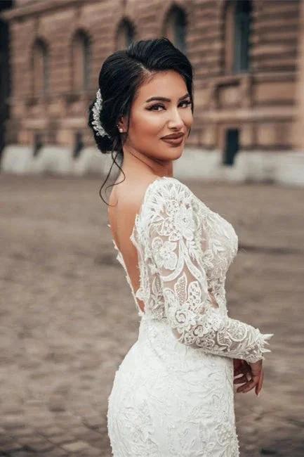 Elegant White Floral Lace Mermaid Spring Wedding Dress Long Sleeves V-Neck Slim Bridal Dresses - Image 3