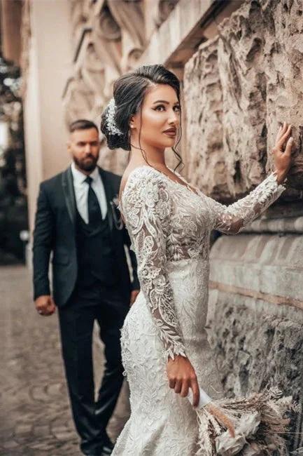 Elegant White Floral Lace Mermaid Spring Wedding Dress Long Sleeves V-Neck Slim Bridal Dresses - Image 4