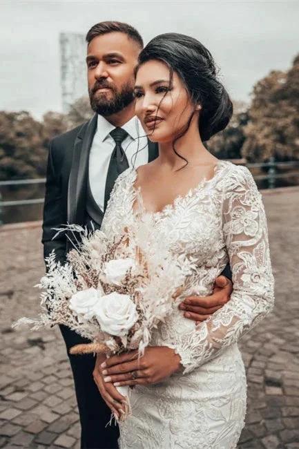 Elegant White Floral Lace Mermaid Spring Wedding Dress Long Sleeves V-Neck Slim Bridal Dresses - Image 5