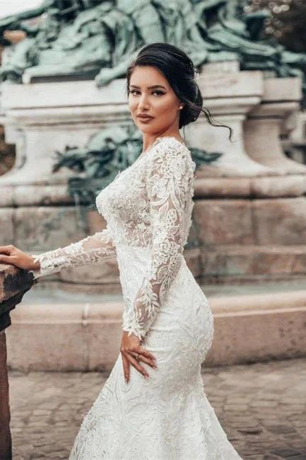 Elegant White Floral Lace Mermaid Spring Wedding Dress Long Sleeves V-Neck Slim Bridal Dresses - Image 6