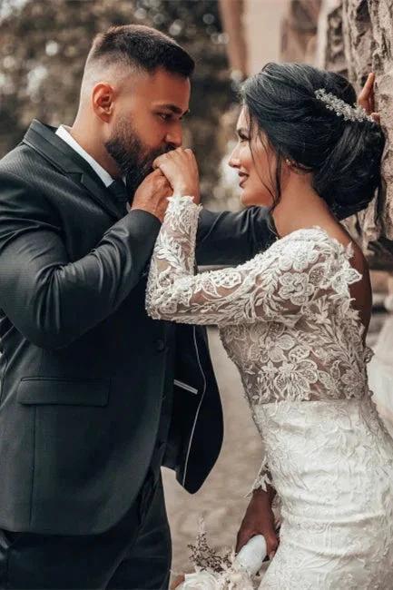 Elegant White Floral Lace Mermaid Spring Wedding Dress Long Sleeves V-Neck Slim Bridal Dresses - Image 7