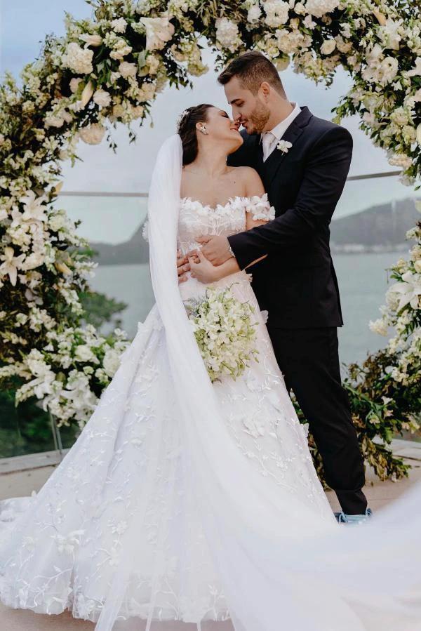 Elegant White Long A-line Off the Shoulder Tulle Floral Lace Wedding Dress - Image 2