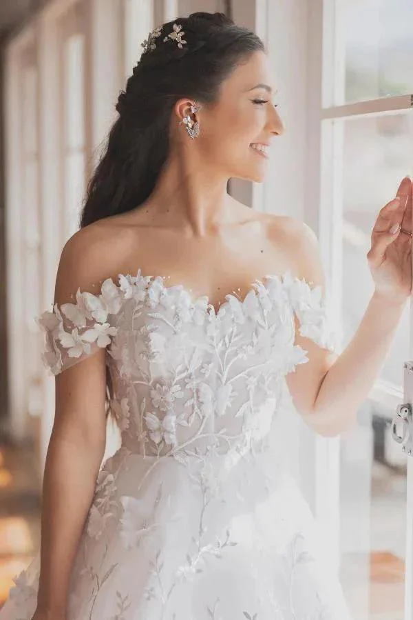 Elegant White Long A-line Off the Shoulder Tulle Floral Lace Wedding Dress - Image 4
