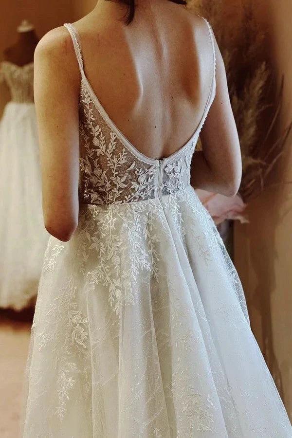 Elegant White Long A-line V-neck Tulle Backless Lace Wedding Dresses - Image 2