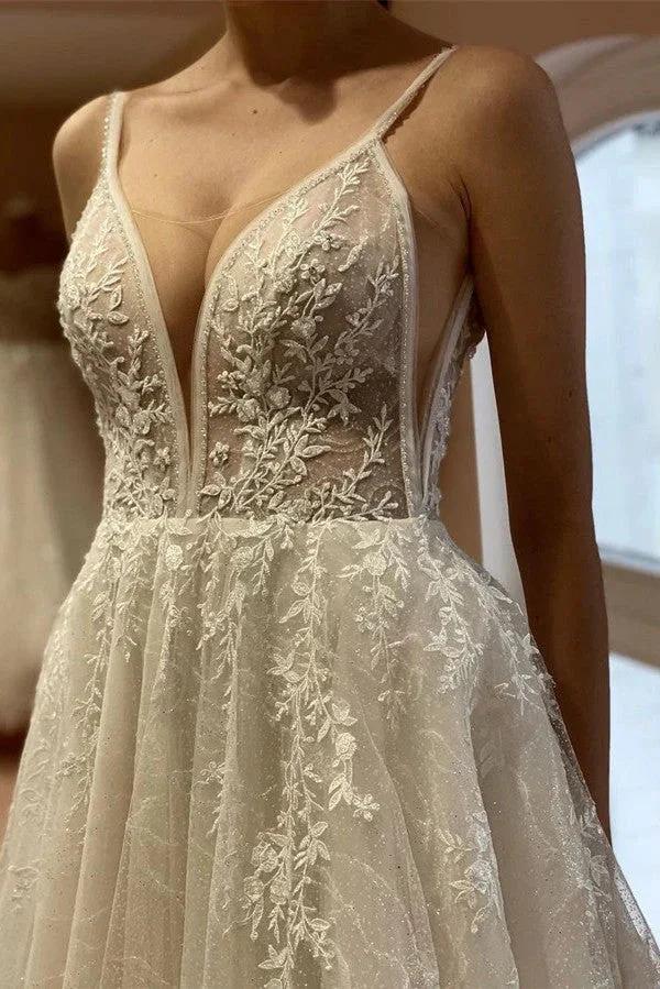 Elegant White Long A-line V-neck Tulle Backless Lace Wedding Dresses - Image 3