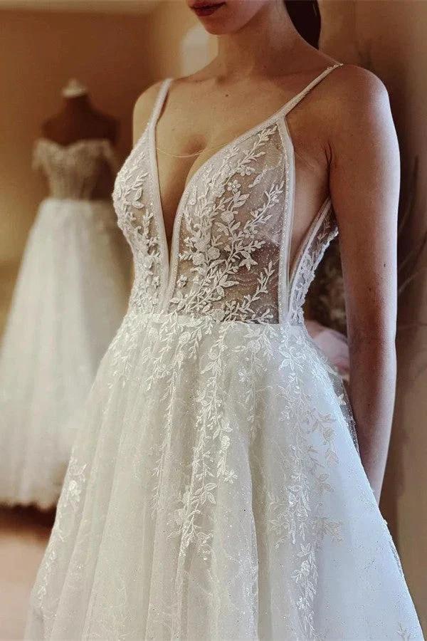 Elegant White Long A-line V-neck Tulle Backless Lace Wedding Dresses - Image 4