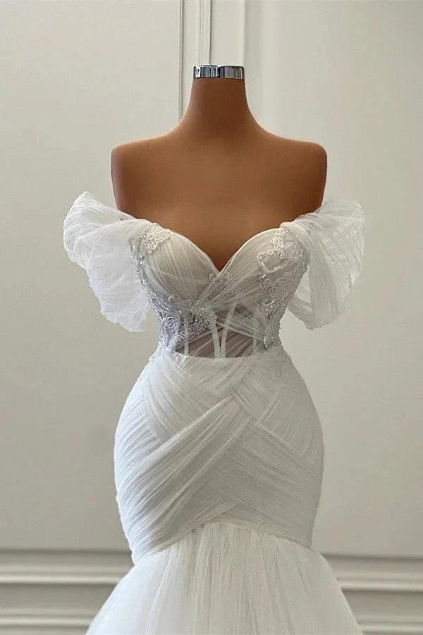 Elegant White Long Mermaid Off the Shoulder Tulle Lace Wedding Dresses - Image 2
