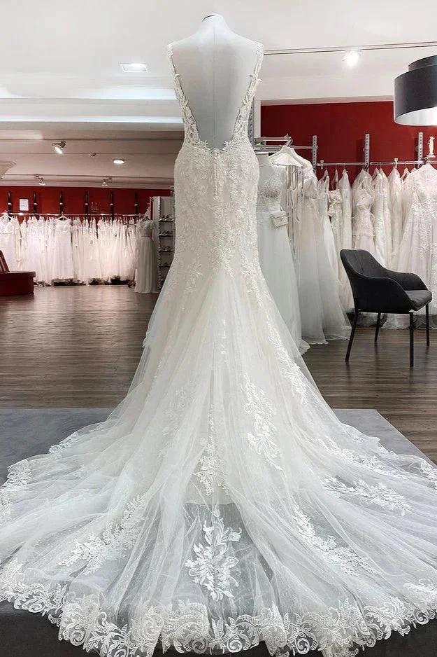 Elegant White Long Mermaid Tulle Lace Open Back Wedding Dresses - Image 2