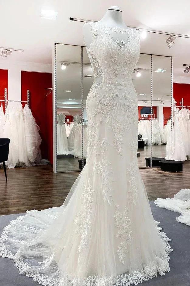 Elegant White Long Mermaid Tulle Lace Open Back Wedding Dresses - Image 3