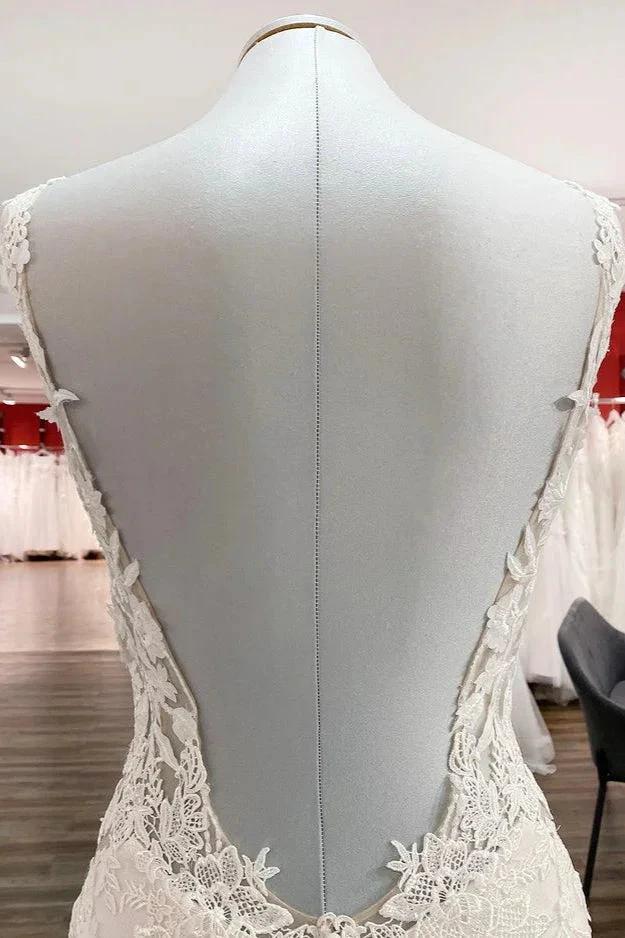 Elegant White Long Mermaid Tulle Lace Open Back Wedding Dresses - Image 5