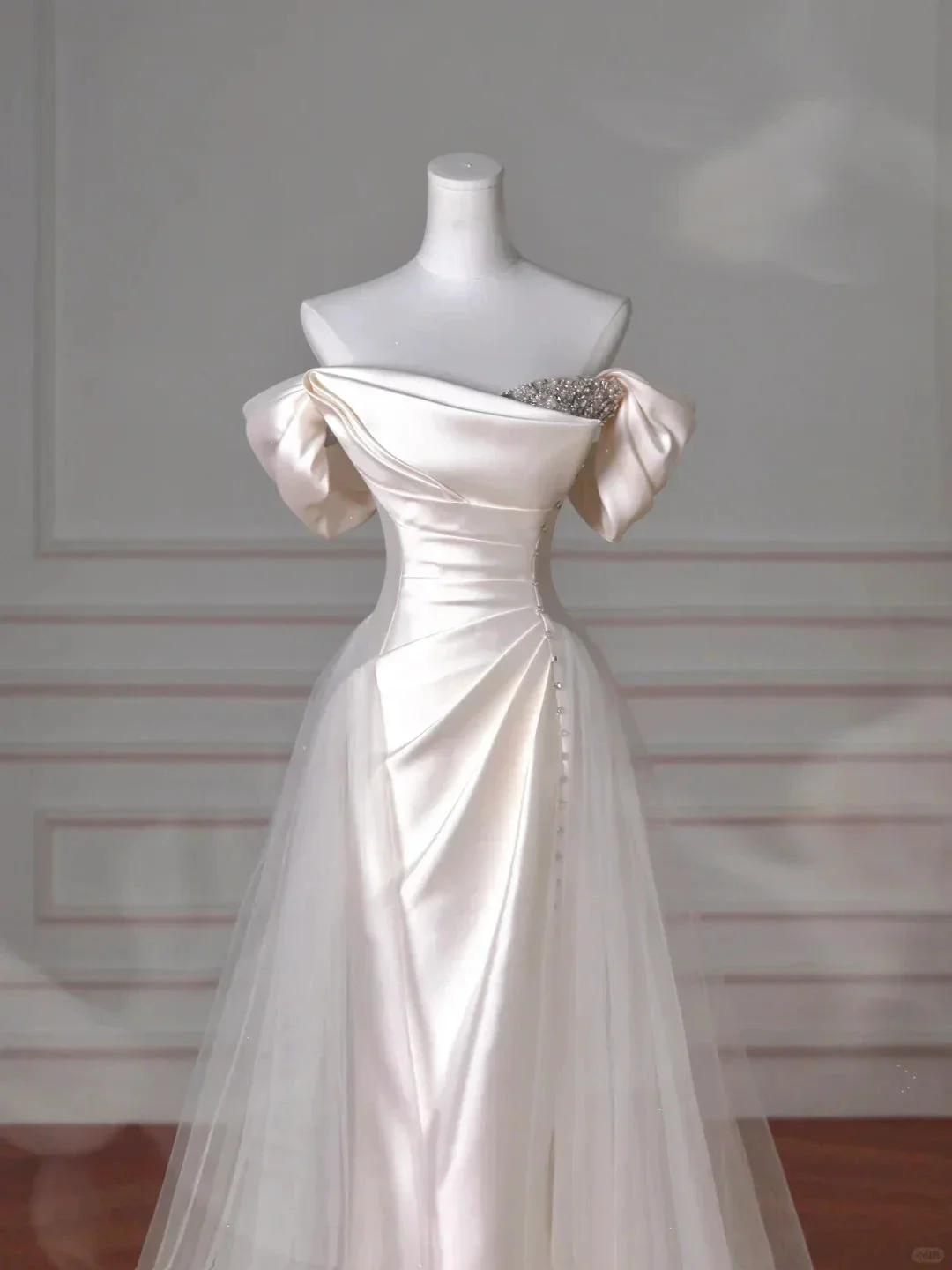 Elegant White off The Shoulder Satin Beaded Mermaid Evening Dress,Formal Prom Dress Wedding Dress Y8617 - Image 2