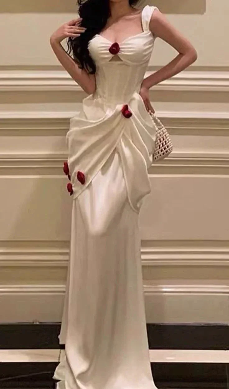 Elegant White Satin Flowers Evening Dress Long Prom Dress Wedding Dress Y7461 - Image 2