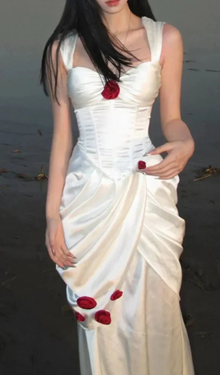 Elegant White Satin Flowers Evening Dress Long Prom Dress Wedding Dress Y7461 - Image 3