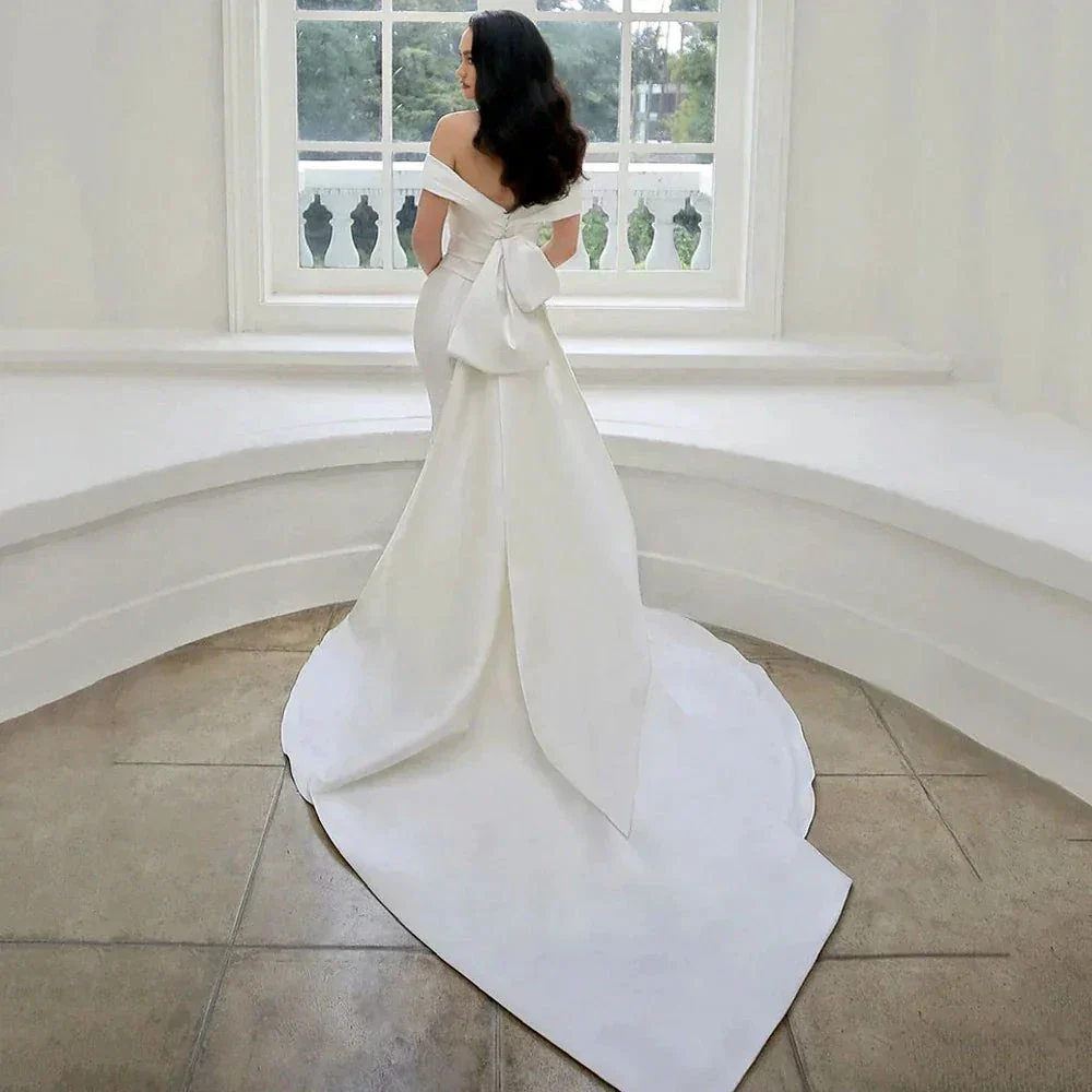 Elegant White Satin Gown with Off the Shoulder Pleated Mermaid Sweep Train Floor-Length Evening Gown for Women vestidos de novia - Image 2