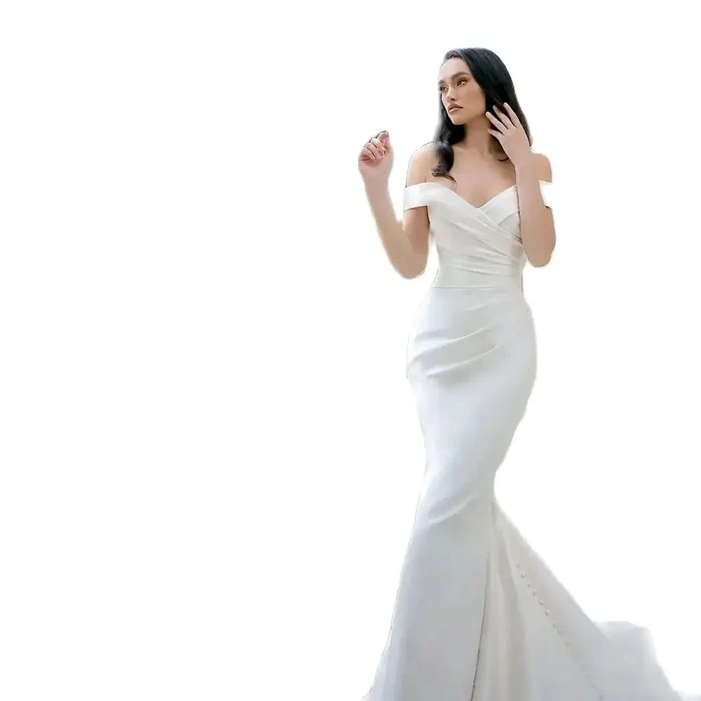 Elegant White Satin Gown with Off the Shoulder Pleated Mermaid Sweep Train Floor-Length Evening Gown for Women vestidos de novia - Image 3