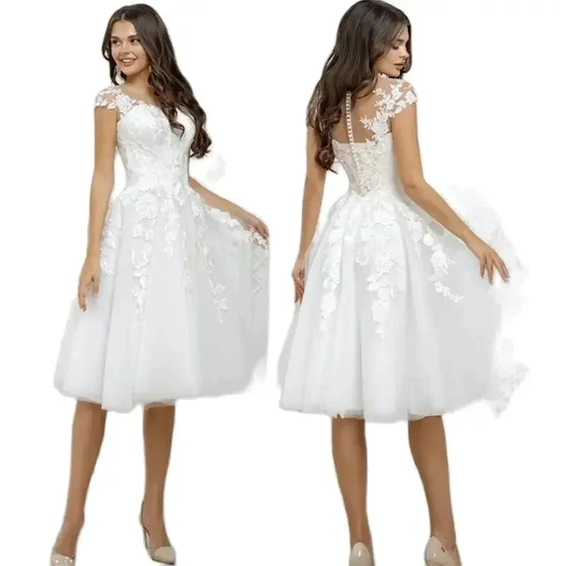 Elegant white tulle applique round neck short sleeve formal dress A-line knee-length bridal wedding dress فساتين للحفلات الراقصة - Image 2