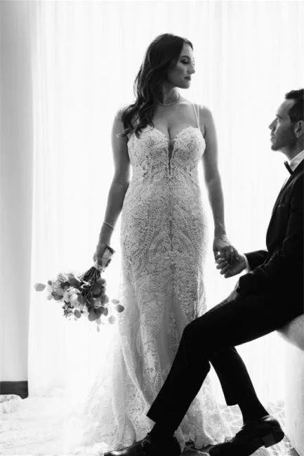 Elegant White V-neck Backless Mermaid Wedding Dresses With Lace - Image 6