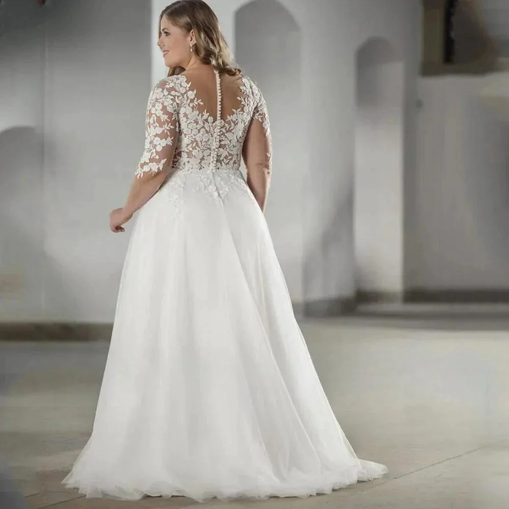Elegant White V-neck Half Sleeve Bridal Gown Lace Applique Plus Size Floor-Length Wedding Dress for Women vestidos de novia - Image 2