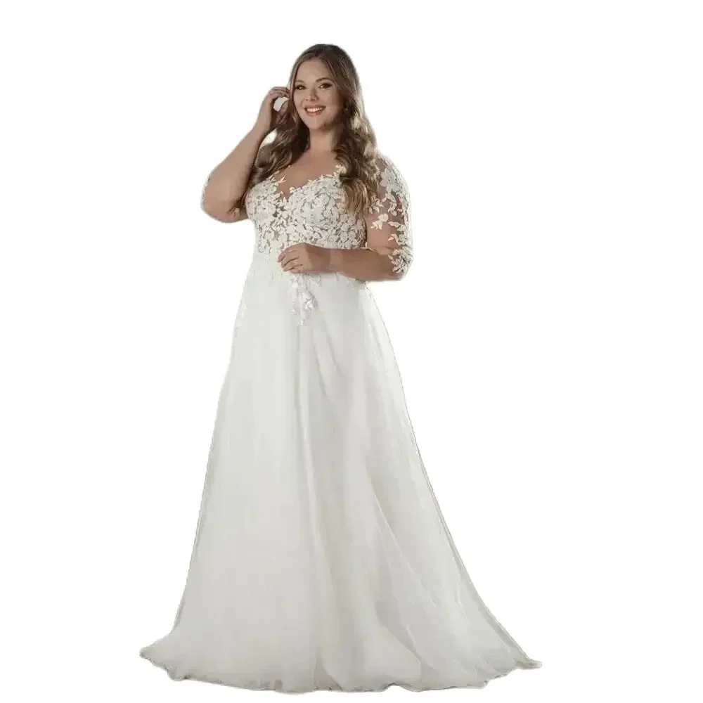 Elegant White V-neck Half Sleeve Bridal Gown Lace Applique Plus Size Floor-Length Wedding Dress for Women vestidos de novia - Image 3