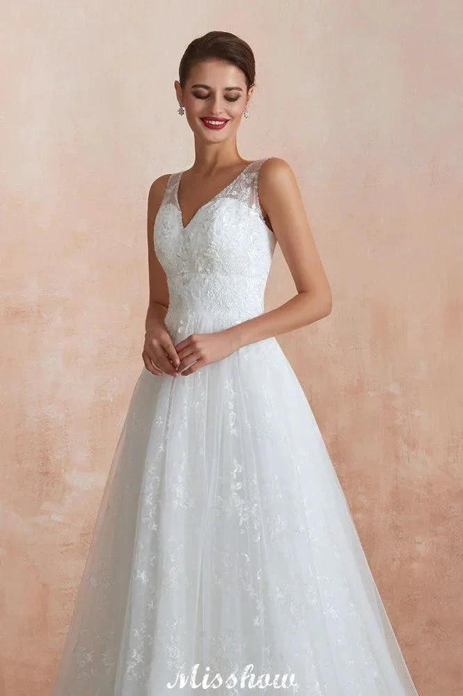 Elegant White V-Neck Princess Wedding Dress Aline Tulle Lace Bridal Gown - Image 10