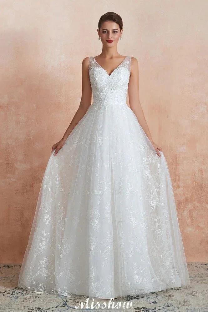 Elegant White V-Neck Princess Wedding Dress Aline Tulle Lace Bridal Gown - Image 2