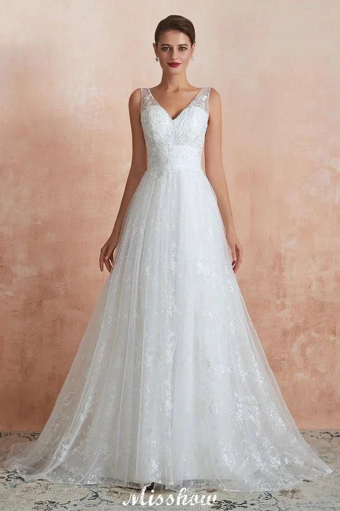Elegant White V-Neck Princess Wedding Dress Aline Tulle Lace Bridal Gown - Image 3