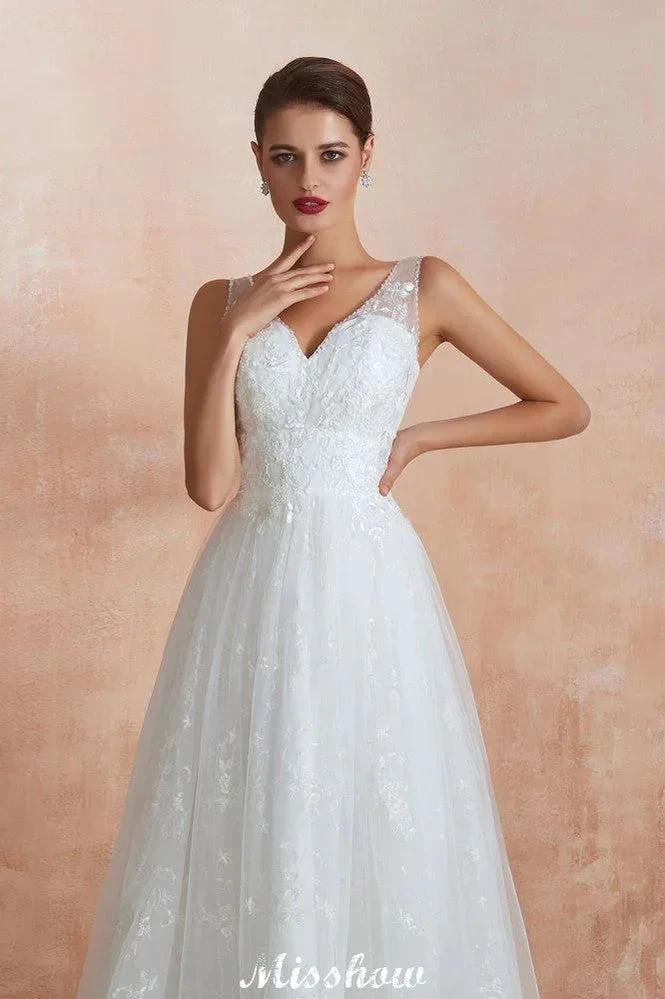 Elegant White V-Neck Princess Wedding Dress Aline Tulle Lace Bridal Gown - Image 4