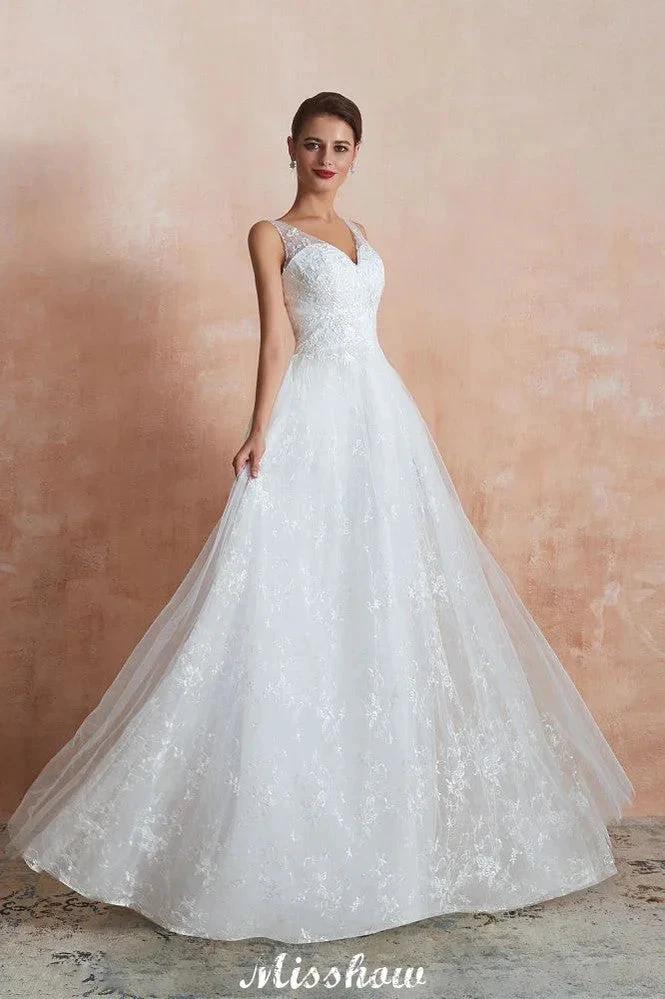 Elegant White V-Neck Princess Wedding Dress Aline Tulle Lace Bridal Gown - Image 5