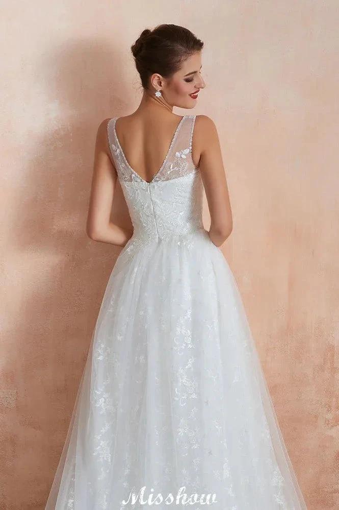 Elegant White V-Neck Princess Wedding Dress Aline Tulle Lace Bridal Gown - Image 6