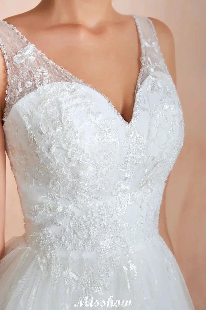 Elegant White V-Neck Princess Wedding Dress Aline Tulle Lace Bridal Gown - Image 7