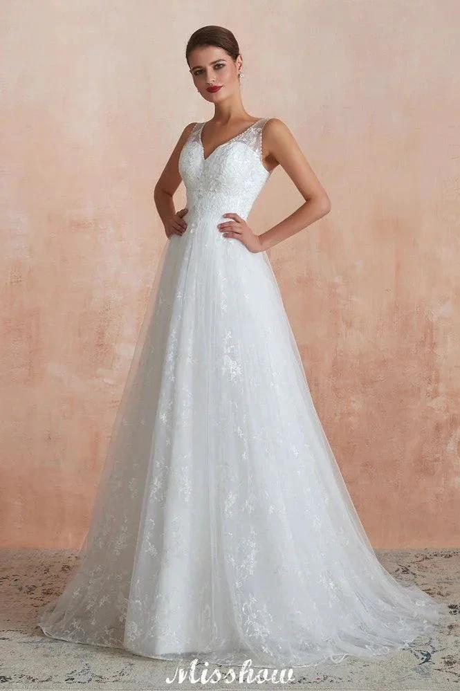Elegant White V-Neck Princess Wedding Dress Aline Tulle Lace Bridal Gown - Image 8