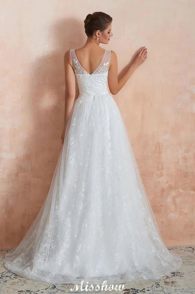 Elegant White V-Neck Princess Wedding Dress Aline Tulle Lace Bridal Gown - Image 9