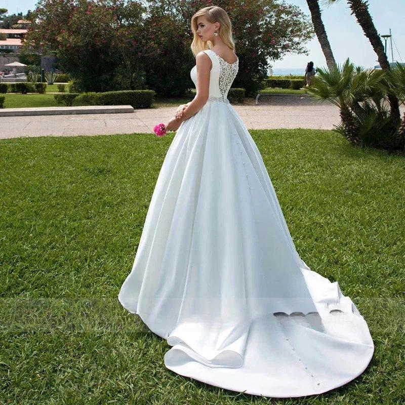 Elegant Women's Wedding Dresses V-Neck Lace Appliques Beads Belt Satin Buttons Back A-Line  2023 Vestido De Noiva Bridal Gowns - Image 2
