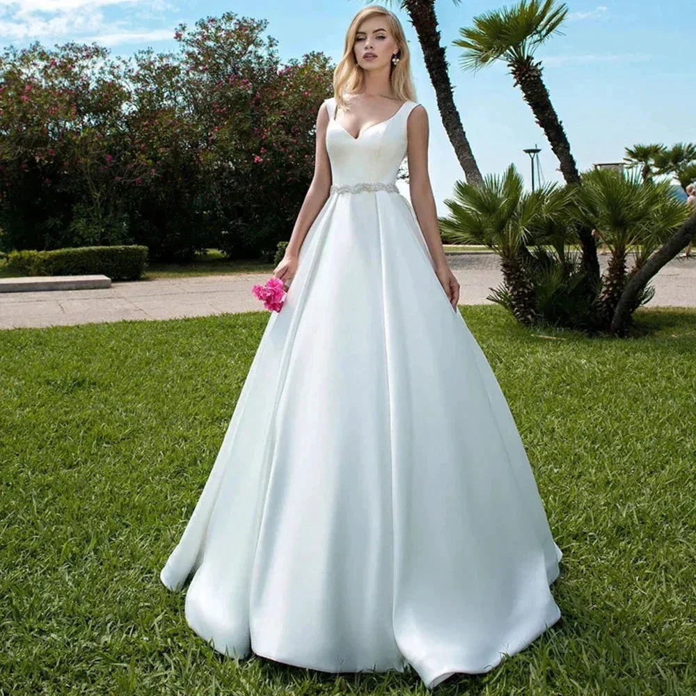 Elegant Women's Wedding Dresses V-Neck Lace Appliques Beads Belt Satin Buttons Back A-Line  2023 Vestido De Noiva Bridal Gowns - Image 3