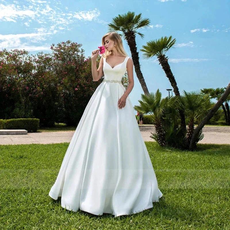 Elegant Women's Wedding Dresses V-Neck Lace Appliques Beads Belt Satin Buttons Back A-Line  2023 Vestido De Noiva Bridal Gowns - Image 4