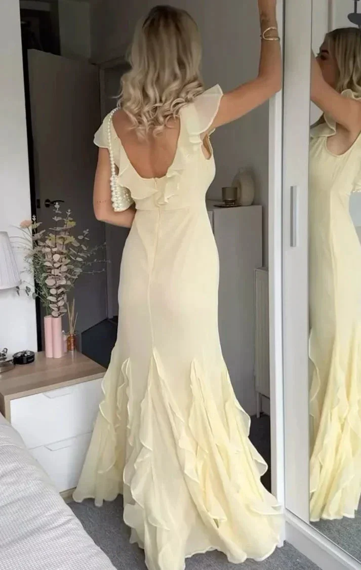 Elegant Yellow Chiffon Mermaid Ruffle Evening Dress Long Evening Gown Y8073 - Image 2