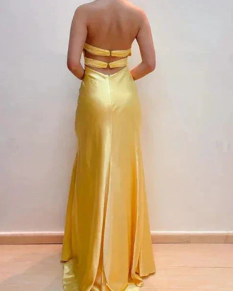 Elegant Yellow Halter Satin Beaded Prom Dress Slit Mermaid Party Evening Dress Y8426 - Image 2