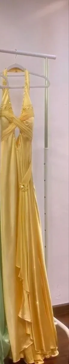 Elegant Yellow Halter Satin Beaded Prom Dress Slit Mermaid Party Evening Dress Y8426 - Image 3