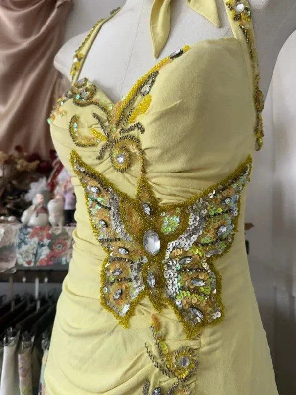 Elegant Yellow Mermaid Halter Neck Sequin Diamond Long Prom Dress Backless Slit Evening Dress Y8554 - Image 2