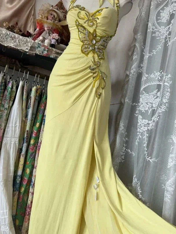 Elegant Yellow Mermaid Halter Neck Sequin Diamond Long Prom Dress Backless Slit Evening Dress Y8554 - Image 3