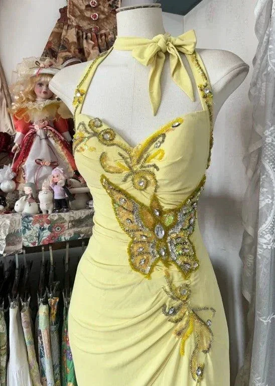 Elegant Yellow Mermaid Halter Neck Sequin Diamond Long Prom Dress Backless Slit Evening Dress Y8554 - Image 4